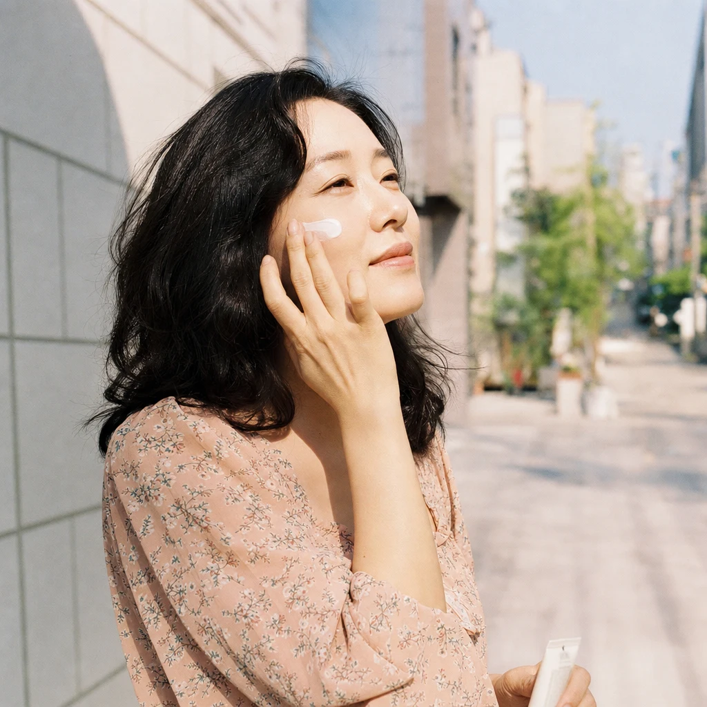 야외에서 선크림을 바르는 여성, 자외선 차단 후관리 장면